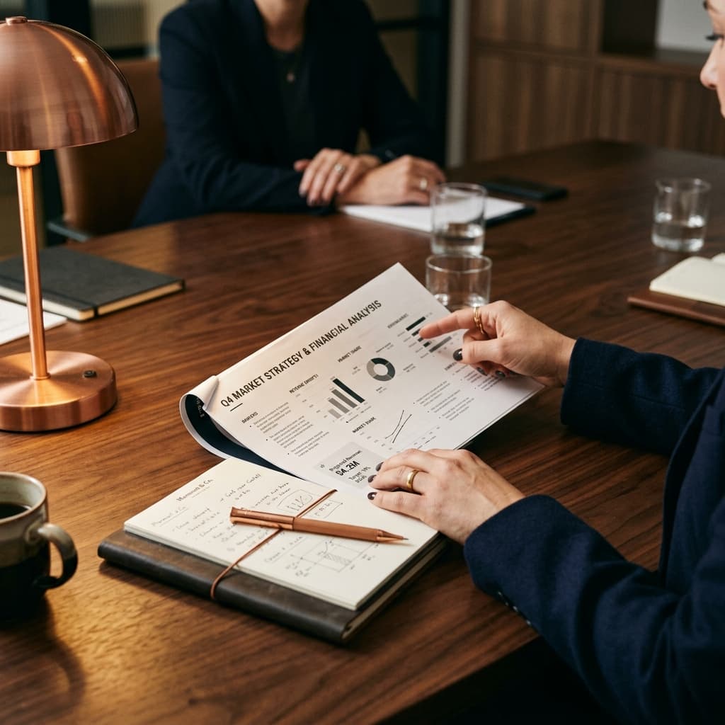 Analisi strategica su documenti finanziari durante una sessione di lavoro