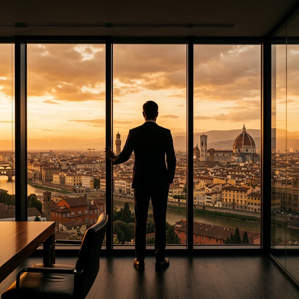 Executive contempla la strategia aziendale al tramonto su una città italiana